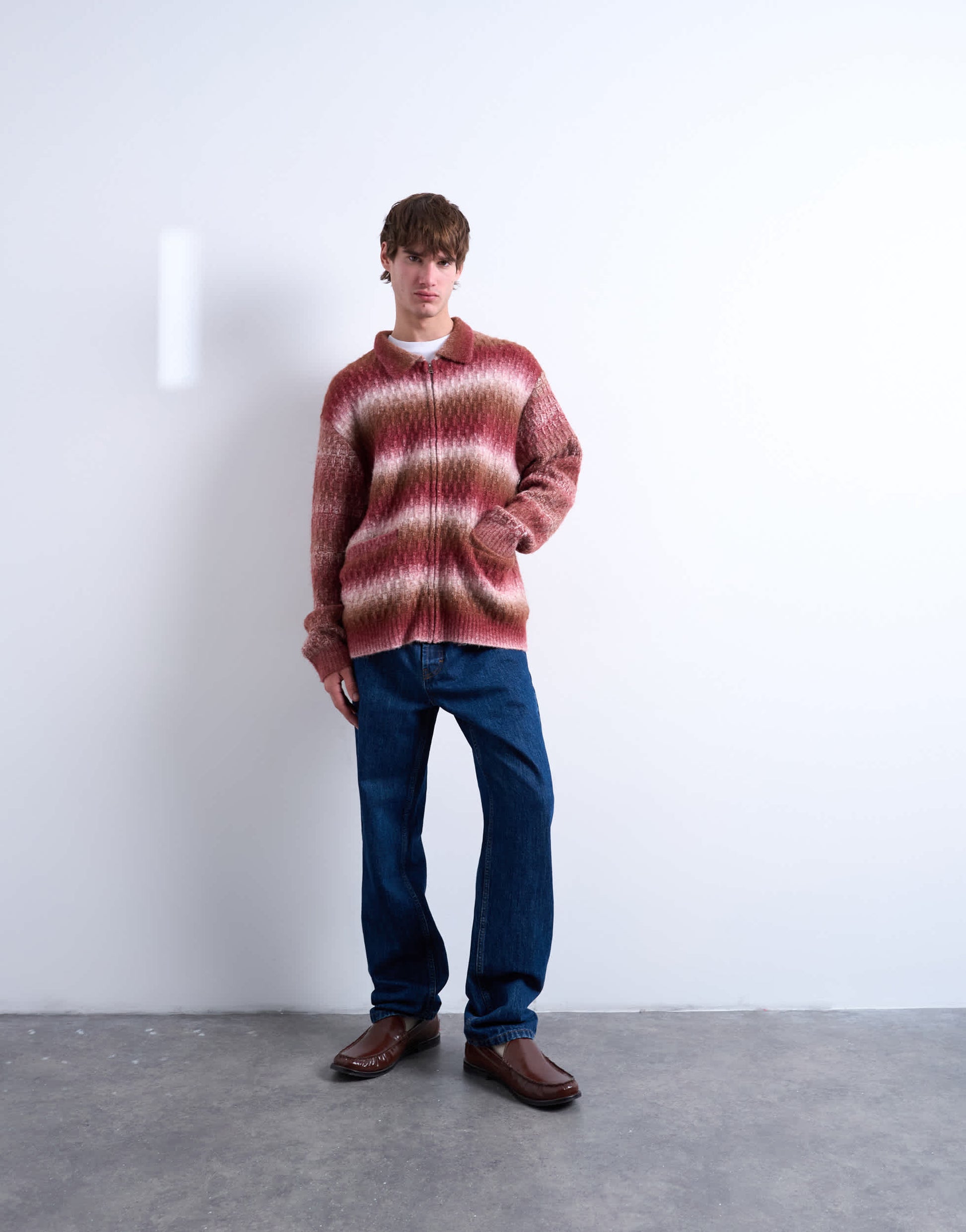 Topman knitted blend zip through cardigan in brown