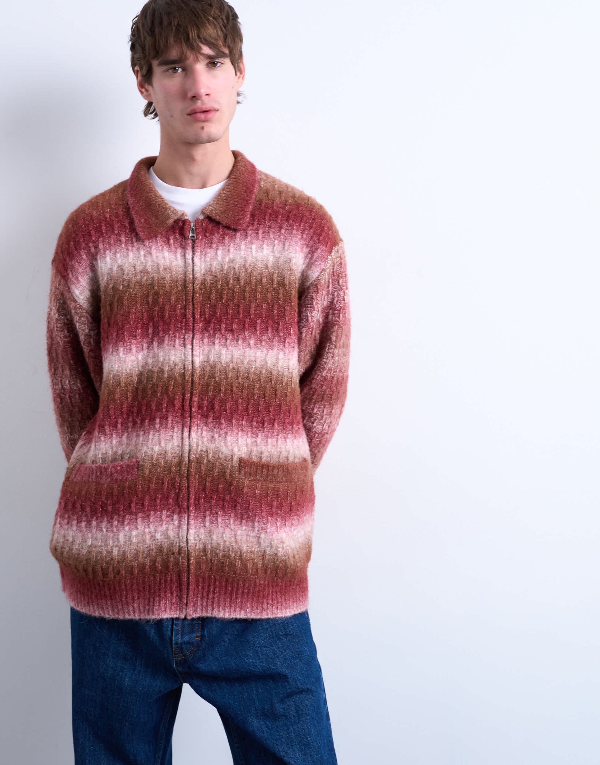 Topman knitted blend zip through cardigan in brown