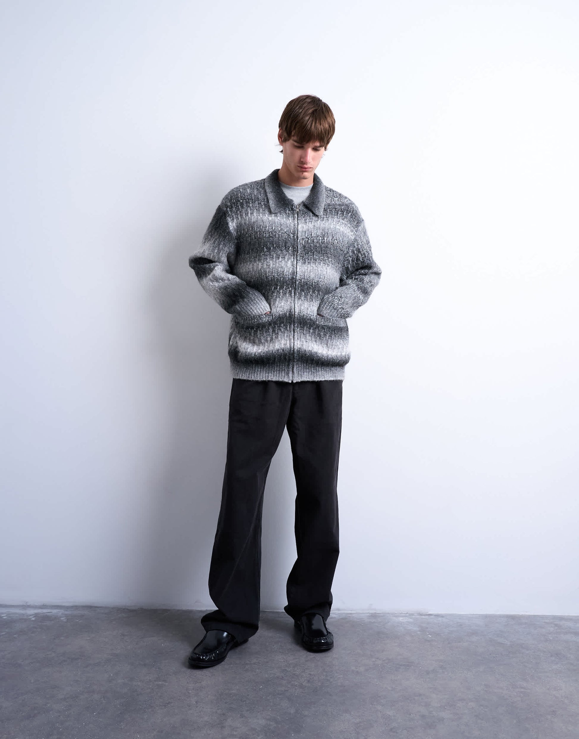 Topman knitted blend zip through cardigan in grey