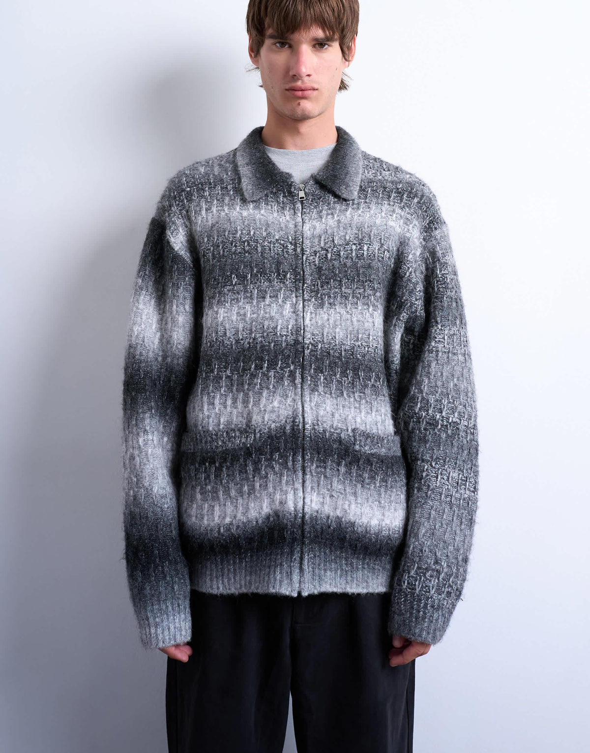 Topman knitted blend zip through cardigan in grey