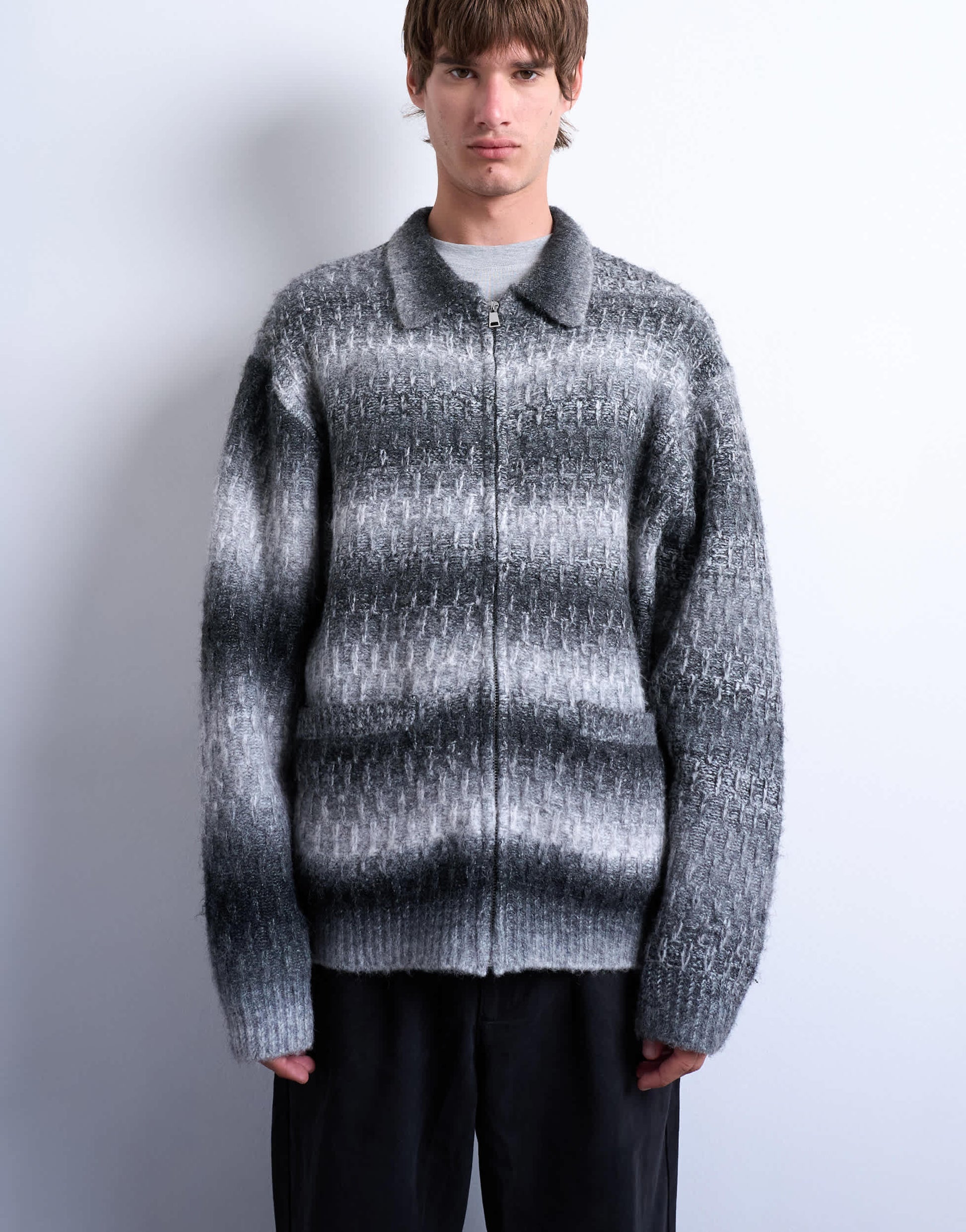 Topman knitted blend zip through cardigan in grey