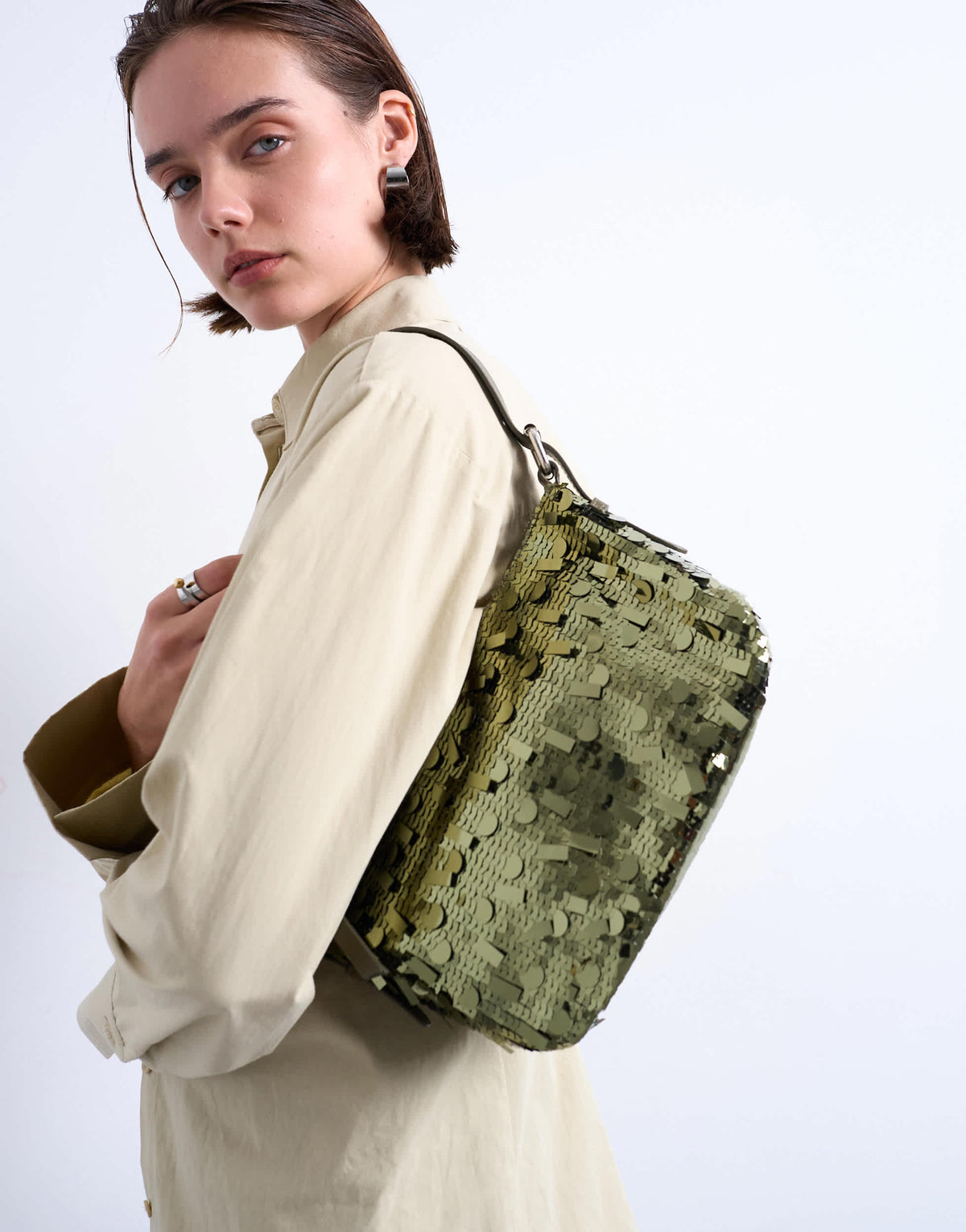 Topshop Sol shoulder sequin bag with leather handle in khaki