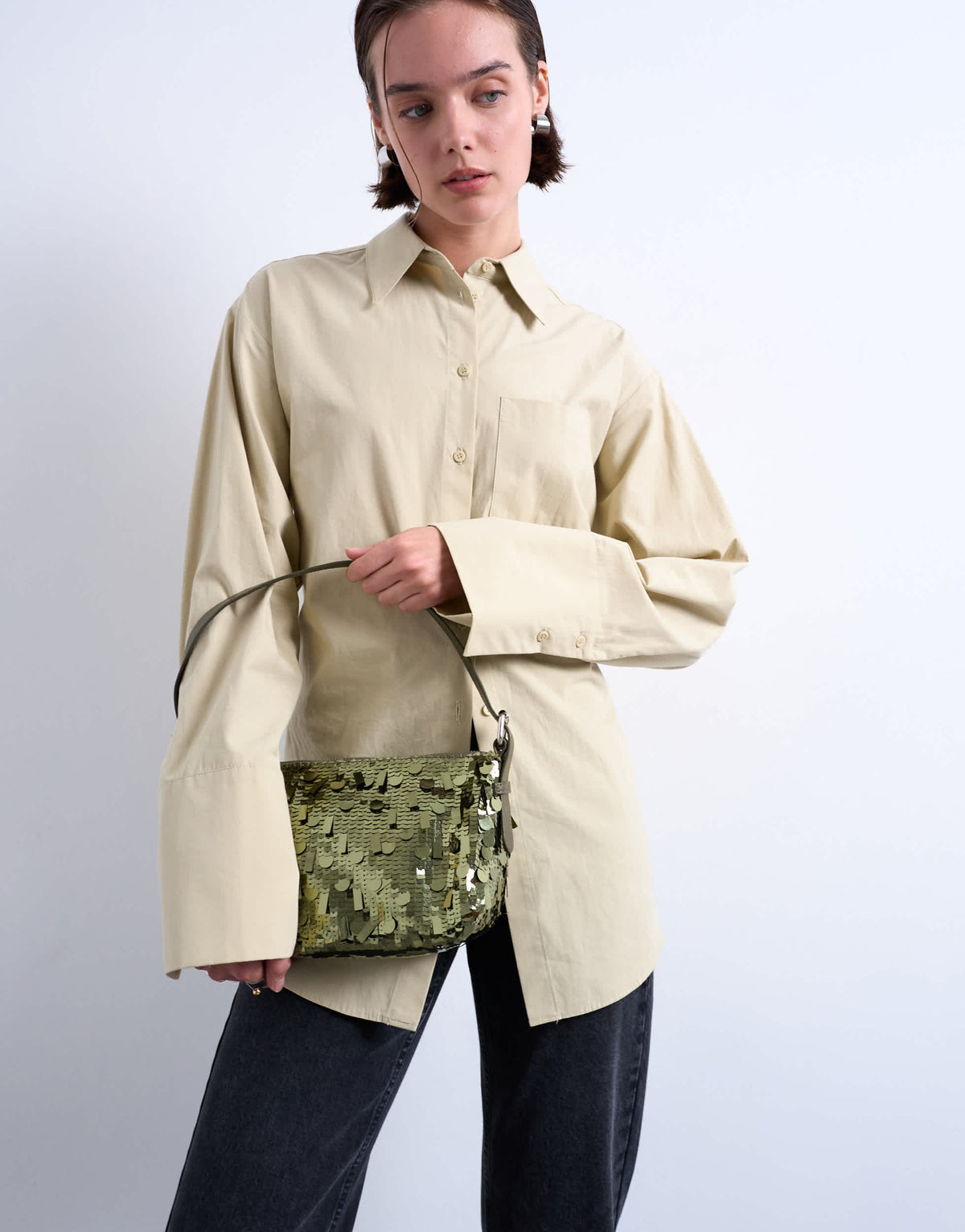 Topshop Sol shoulder sequin bag with leather handle in khaki
