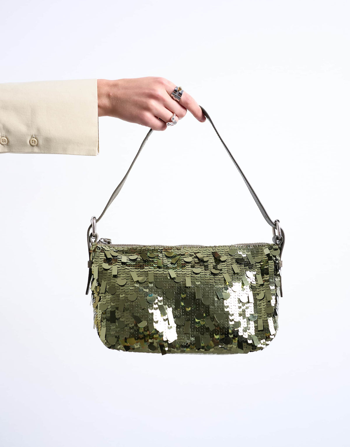 Topshop Sol shoulder sequin bag with leather handle in khaki