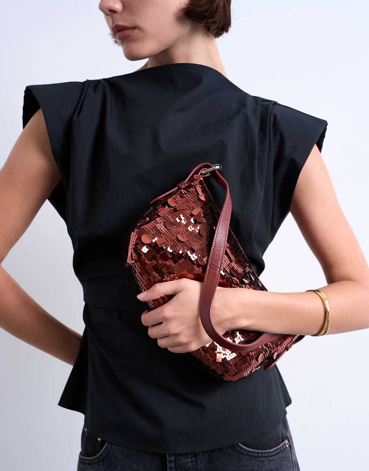 Topshop Sol shoulder sequin bag with leather handle in rust