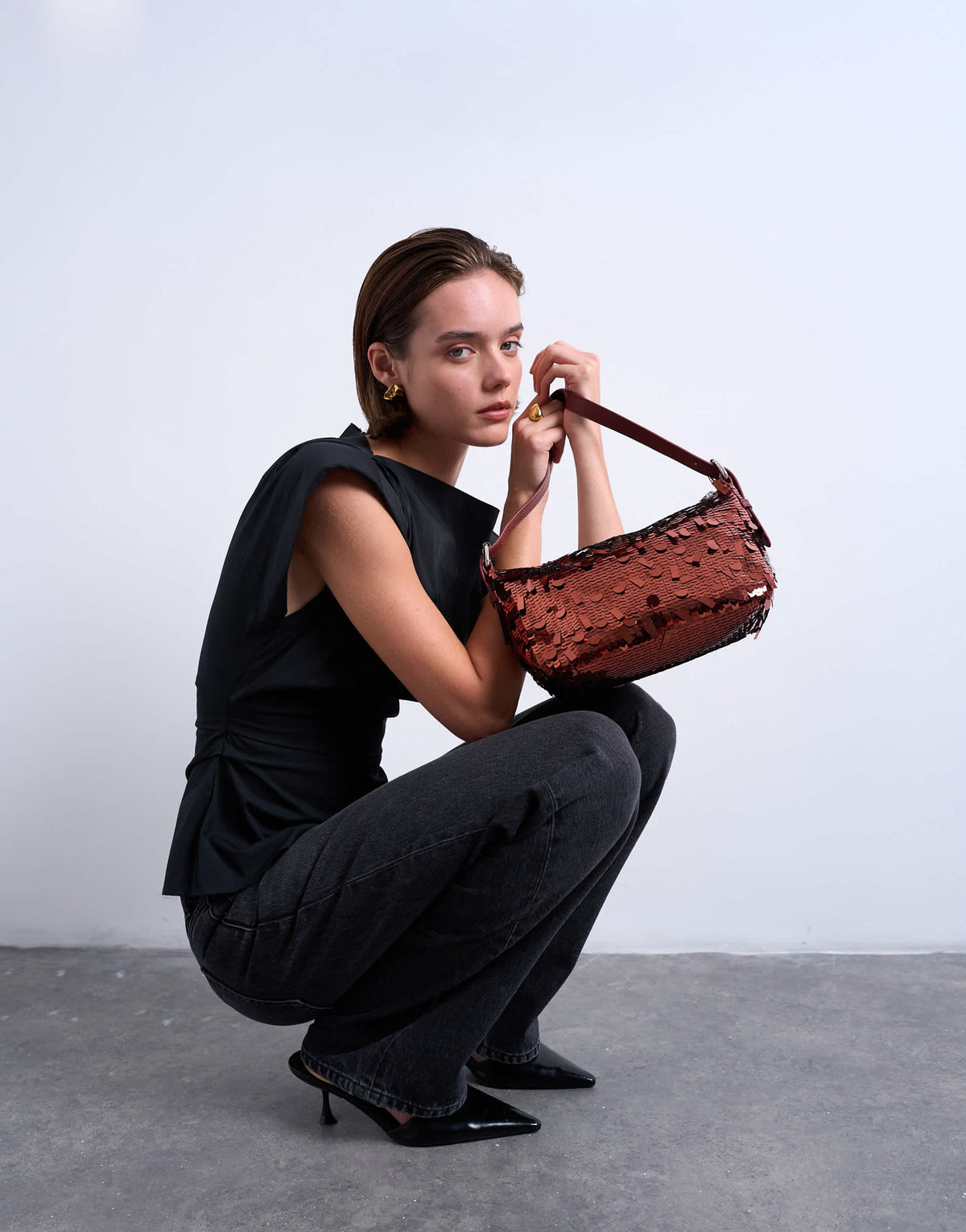 Topshop Sol shoulder sequin bag with leather handle in rust