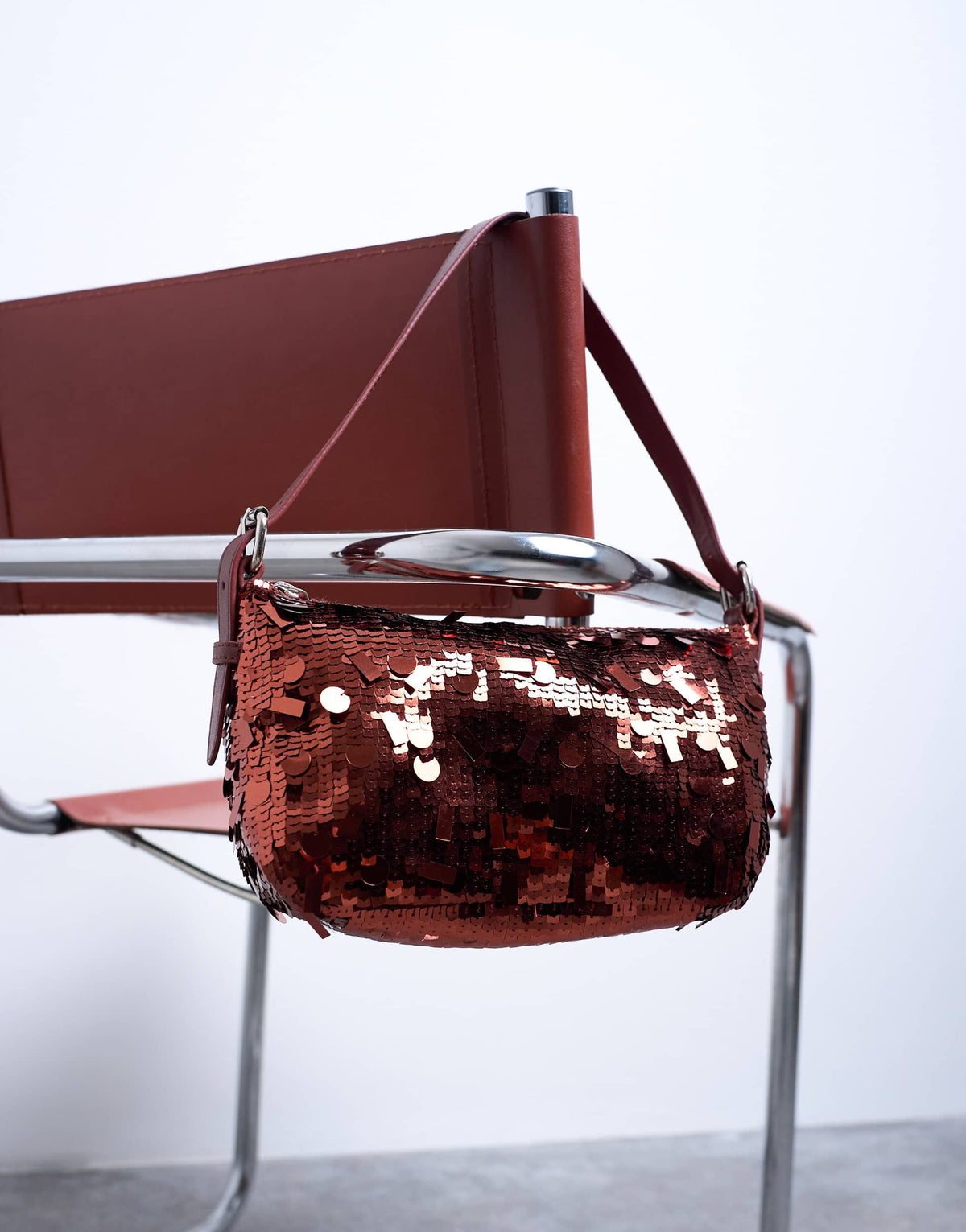 Topshop Sol shoulder sequin bag with leather handle in rust
