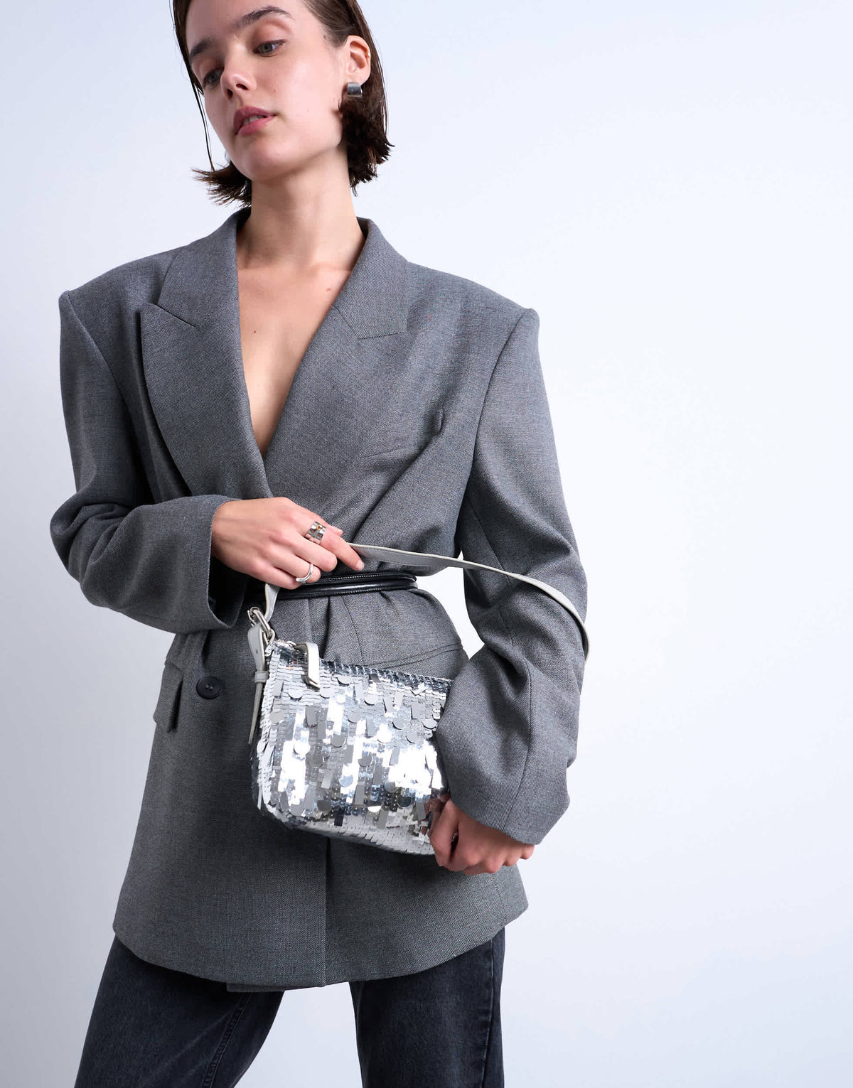 Topshop Sol shoulder sequin bag with leather handle in silver