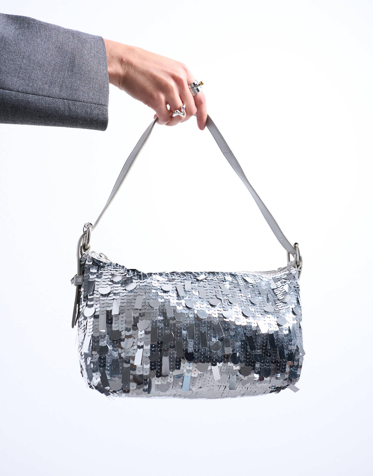 Topshop Sol shoulder sequin bag with leather handle in silver