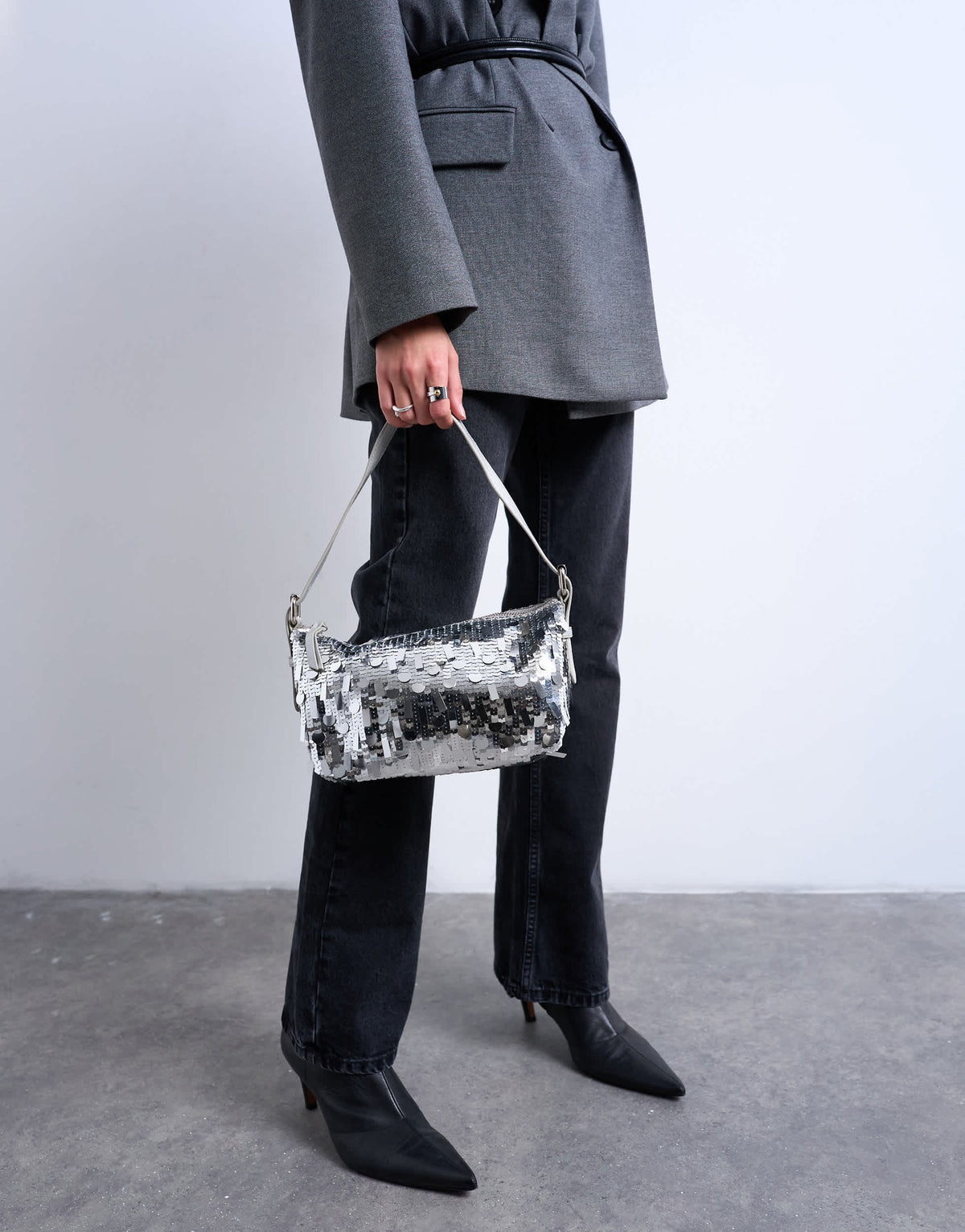 Topshop Sol shoulder sequin bag with leather handle in silver