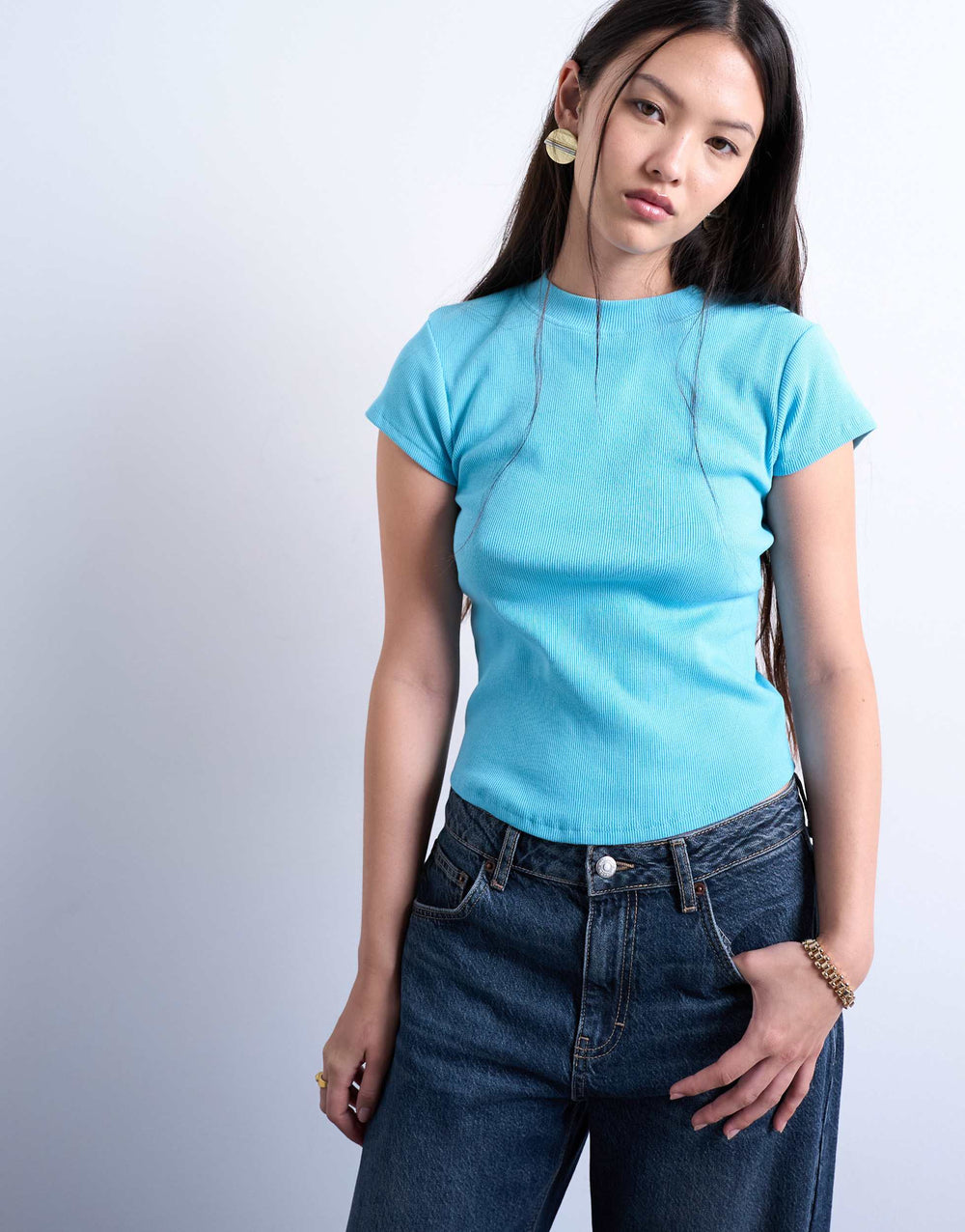 Topshop rib fitted curve hem tee in blue