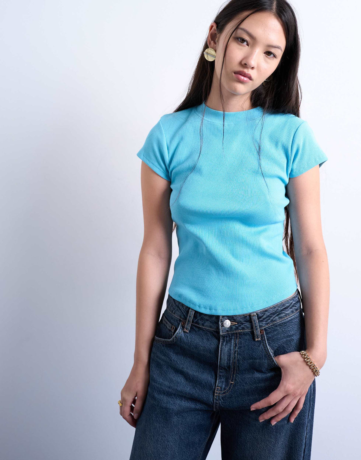 Topshop rib fitted curve hem tee in blue