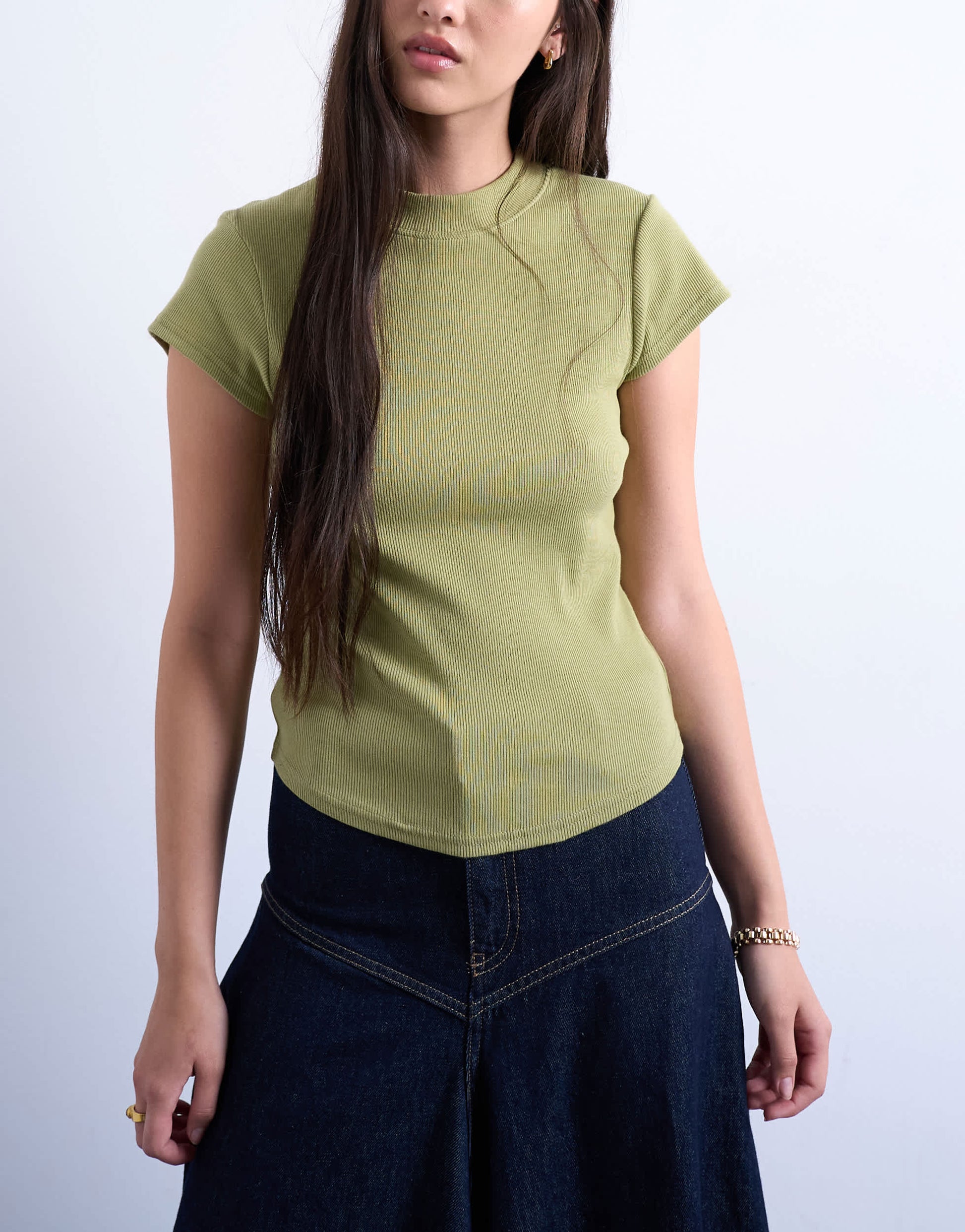 Topshop rib fitted curve hem tee in light khaki