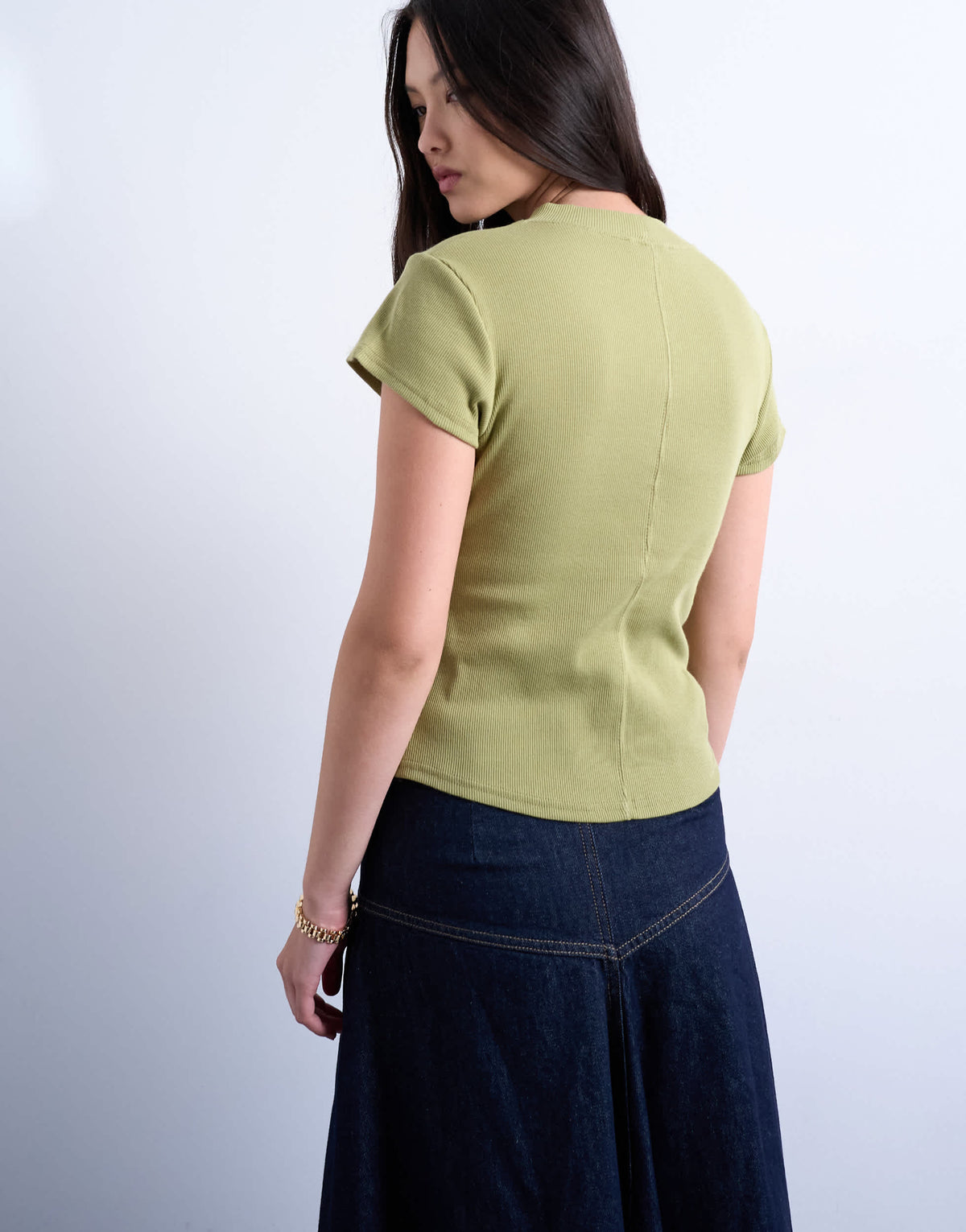 Topshop rib fitted curve hem tee in light khaki