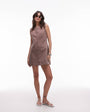 Topshop denim v neck mini dress in otter brown