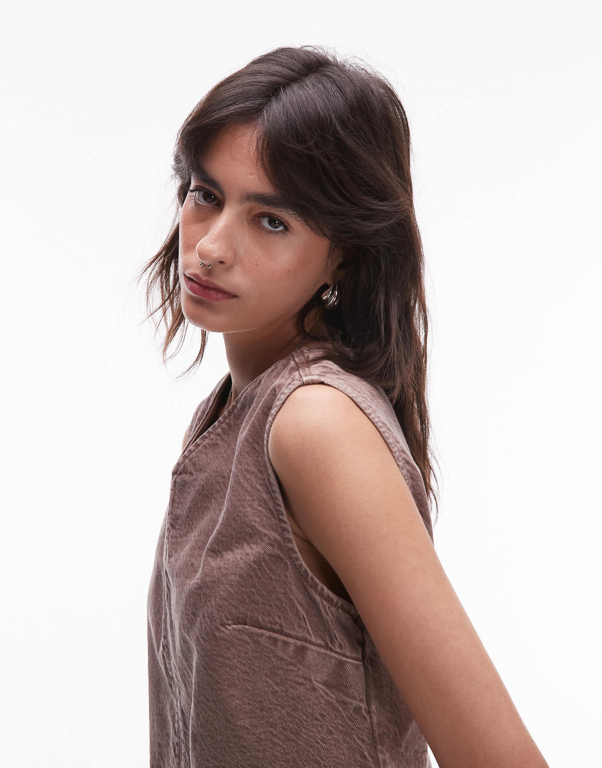 Topshop denim v neck mini dress in otter brown