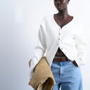 Topshop knitted V neck longline clean cinch waist cardigan in ivory