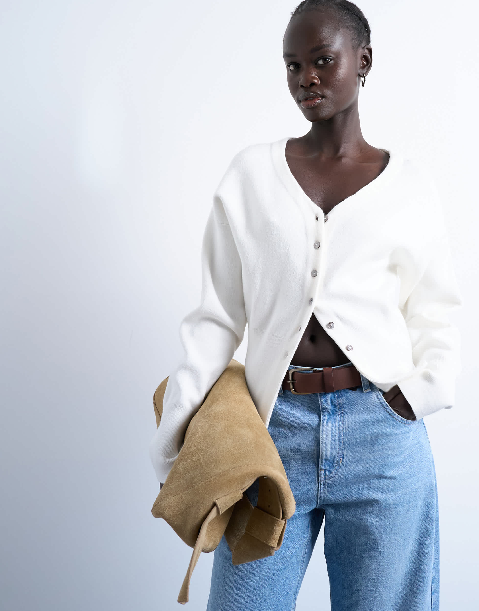 Topshop knitted V neck longline clean cinch waist cardigan in ivory