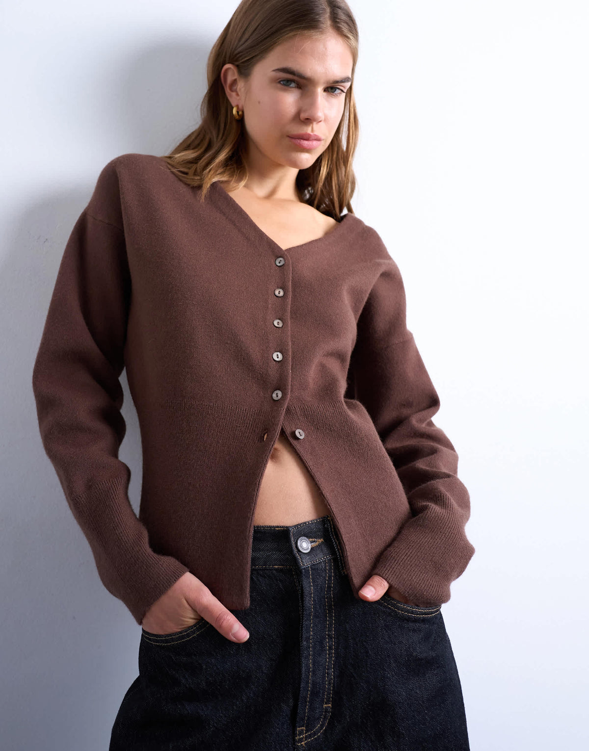 Topshop knitted V neck longline clean cinch waist cardigan in chocolate