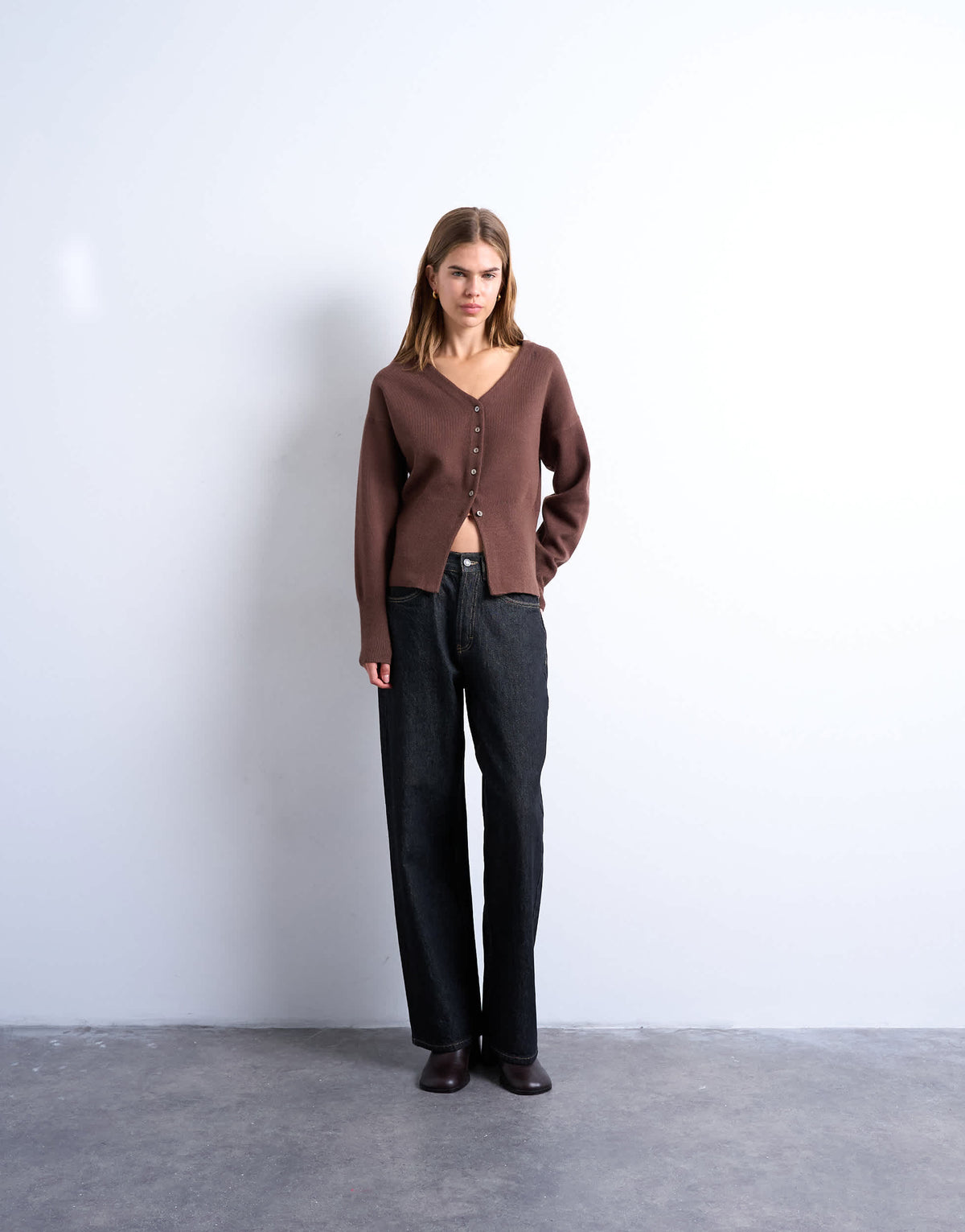 Topshop knitted V neck longline clean cinch waist cardigan in chocolate