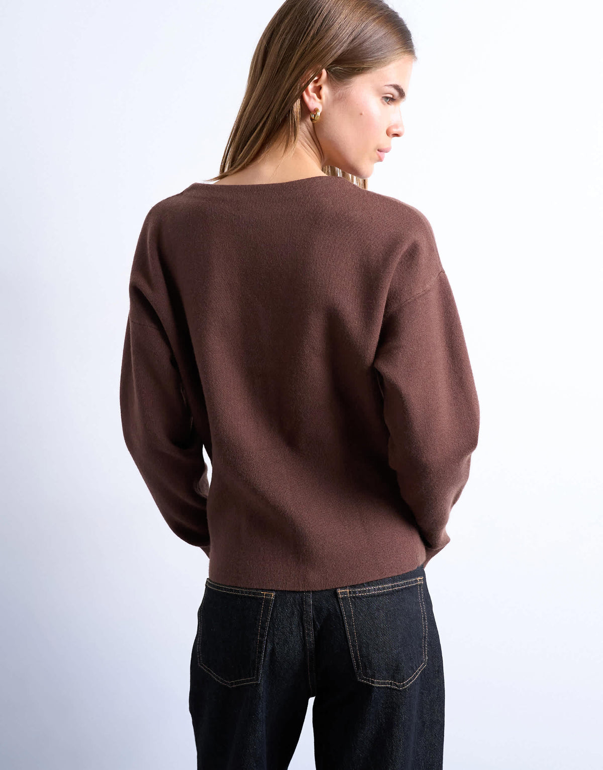 Topshop knitted V neck longline clean cinch waist cardigan in chocolate