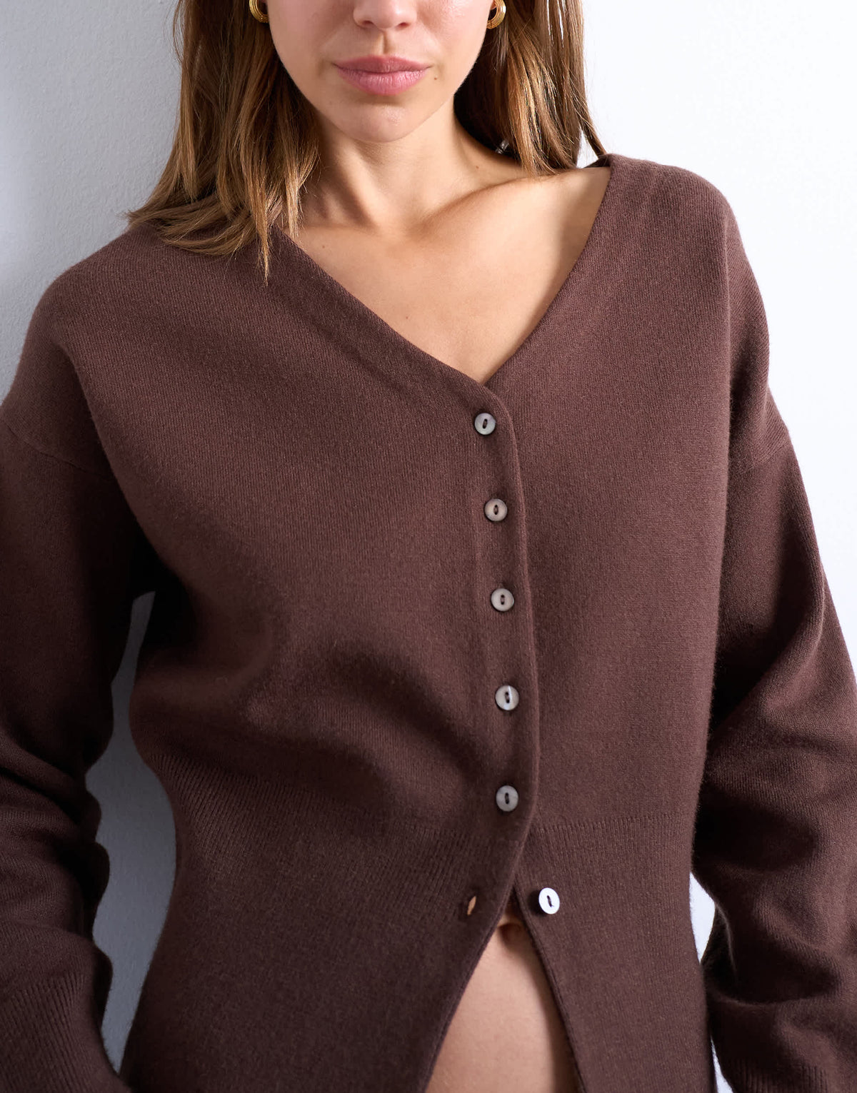 Topshop knitted V neck longline clean cinch waist cardigan in chocolate