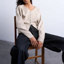 Topshop knitted V neck longline clean cinch waist cardigan in oat