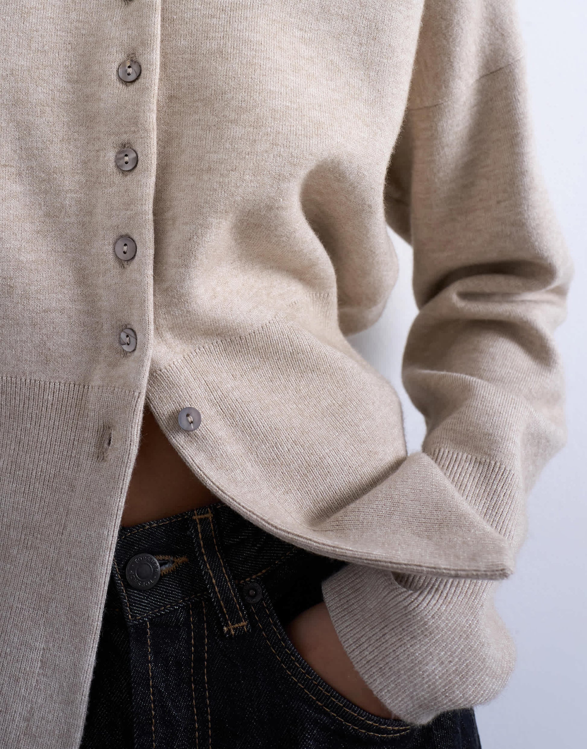 Topshop knitted V neck longline clean cinch waist cardigan in oat
