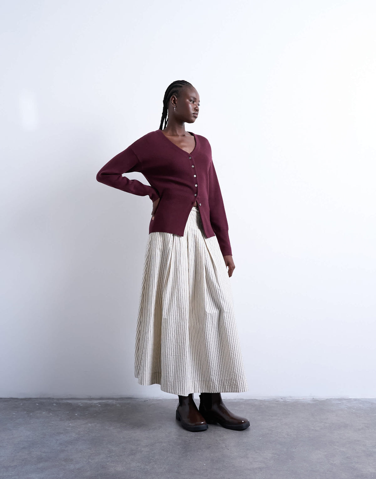 Topshop knitted V neck longline clean cinch waist cardigan in plum