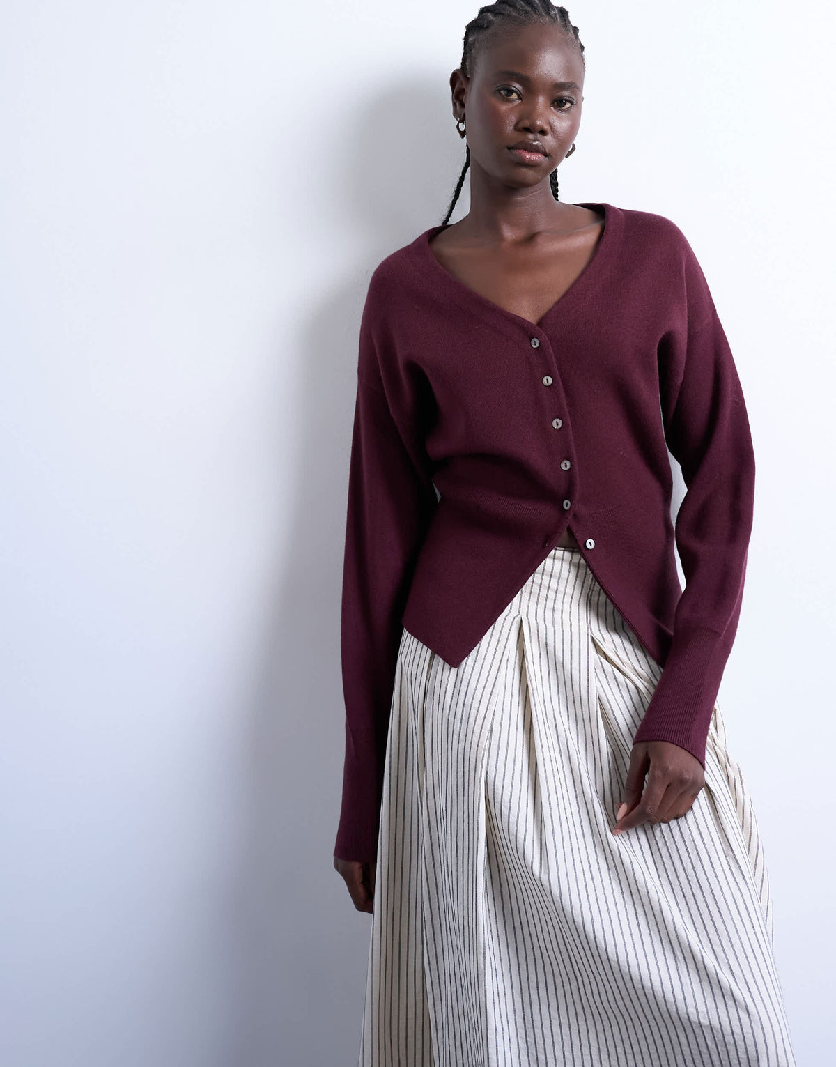 Topshop knitted V neck longline clean cinch waist cardigan in plum