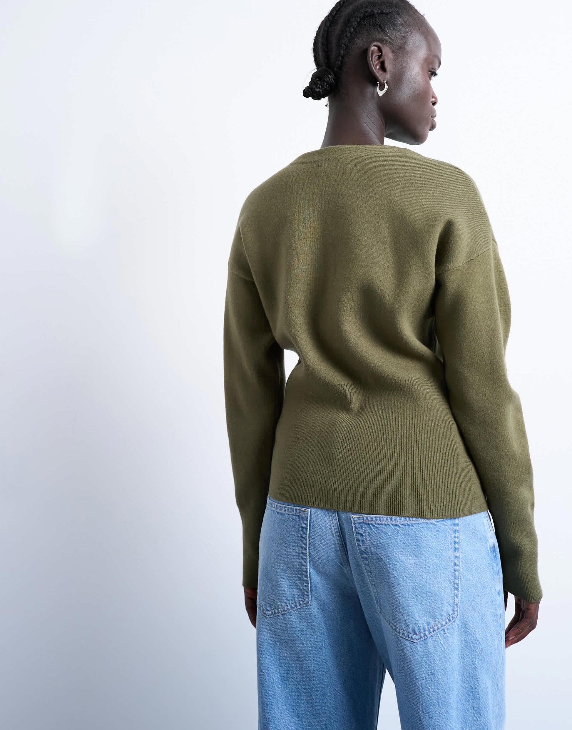 Topshop knitted V neck longline clean cinch waist cardigan in green