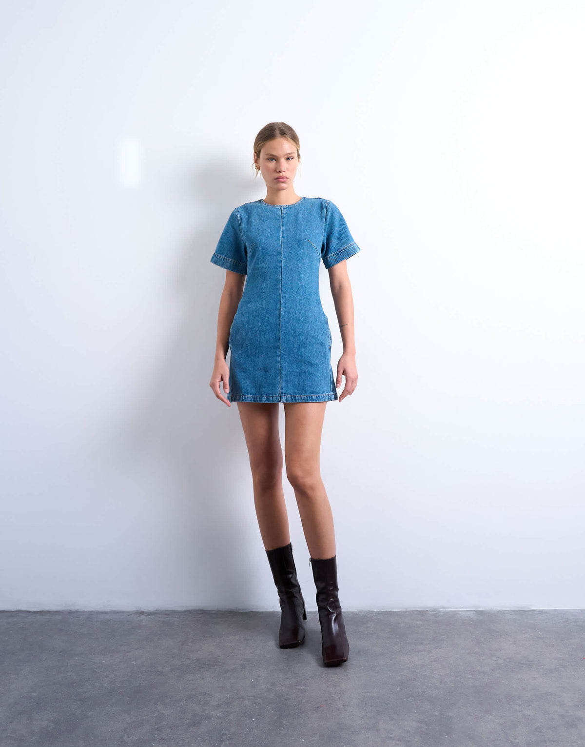 Topshop denim short sleeved structured mini dress in mid blue
