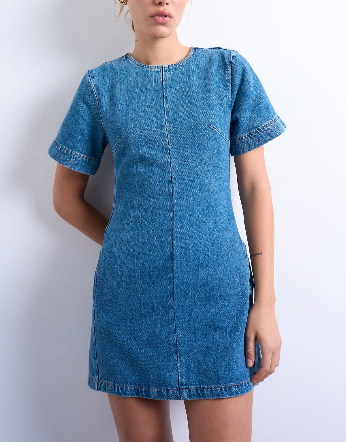 Topshop denim short sleeved structured mini dress in mid blue