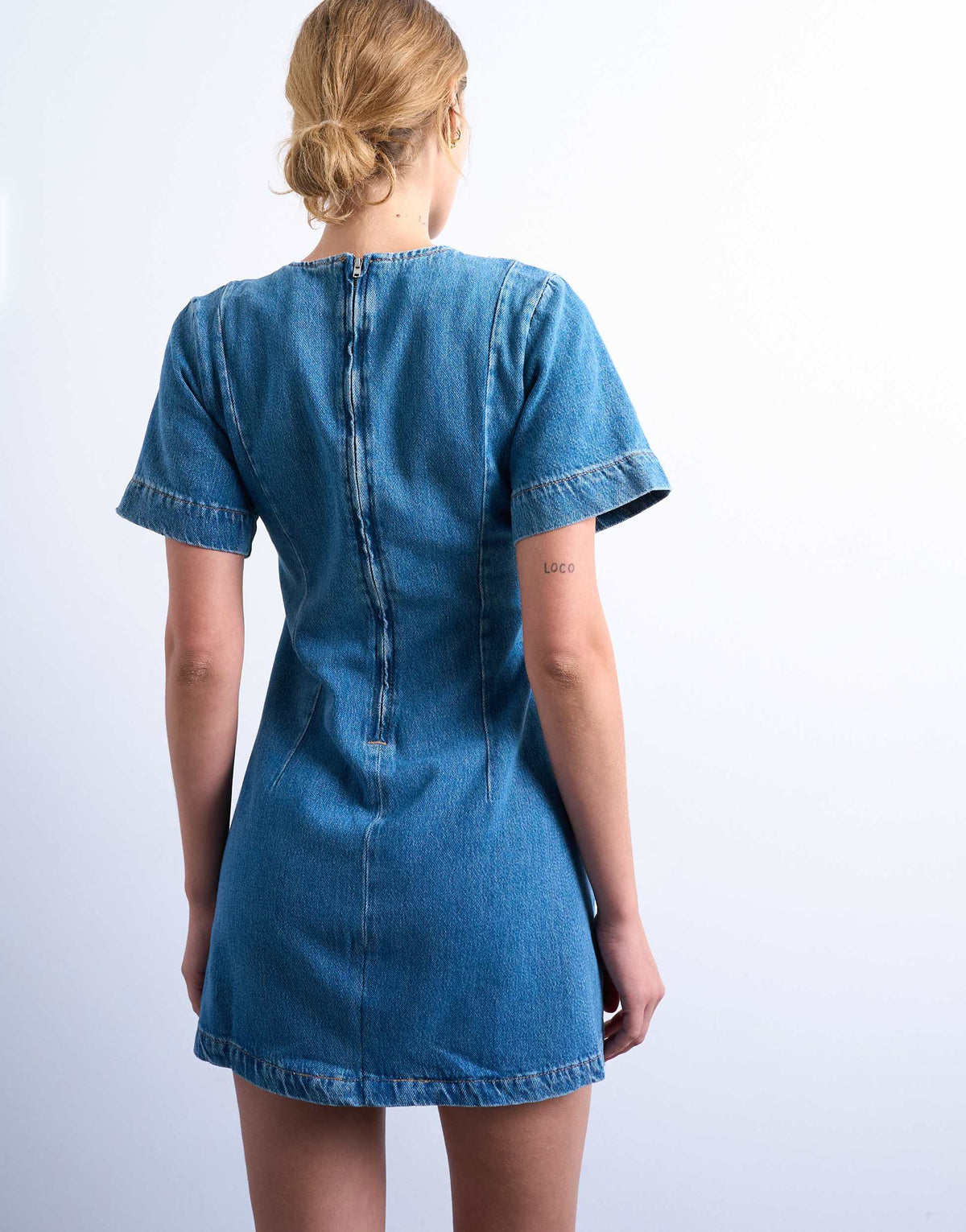 Topshop denim short sleeved structured mini dress in mid blue