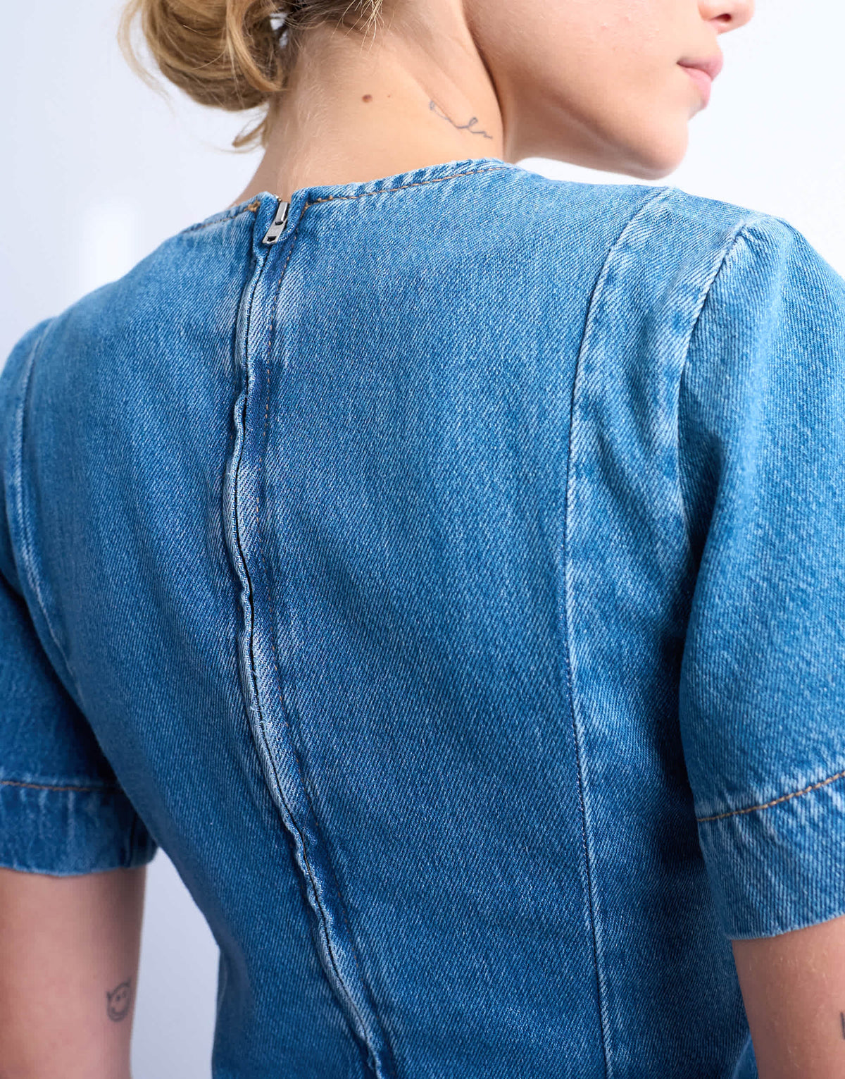 Topshop denim short sleeved structured mini dress in mid blue