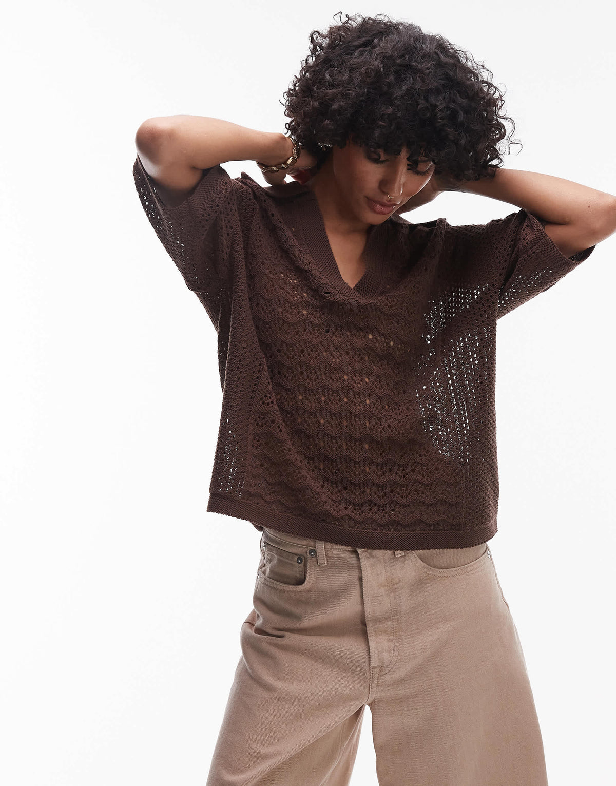 Topshop open stitch polo top in chocolate