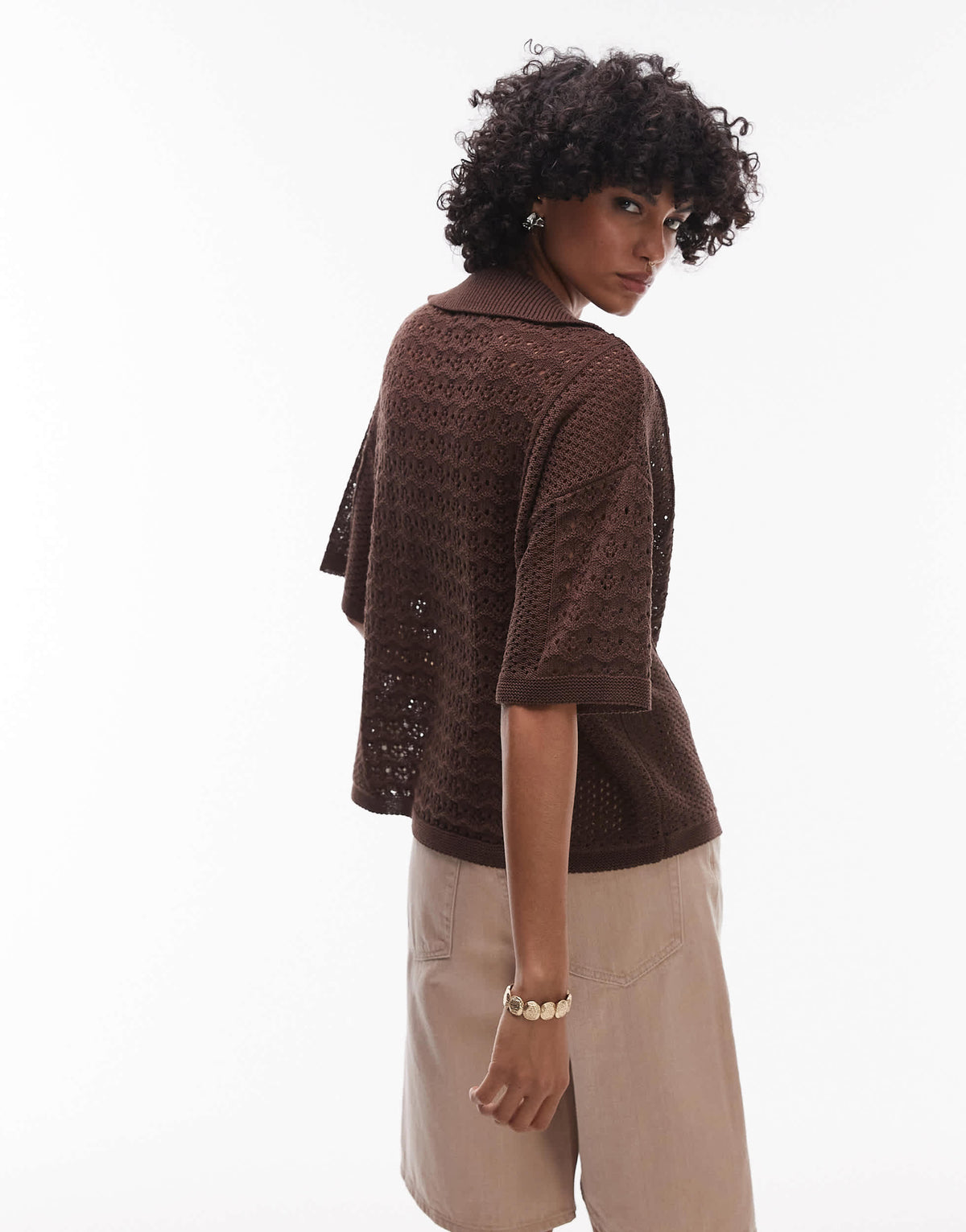 Topshop open stitch polo top in chocolate