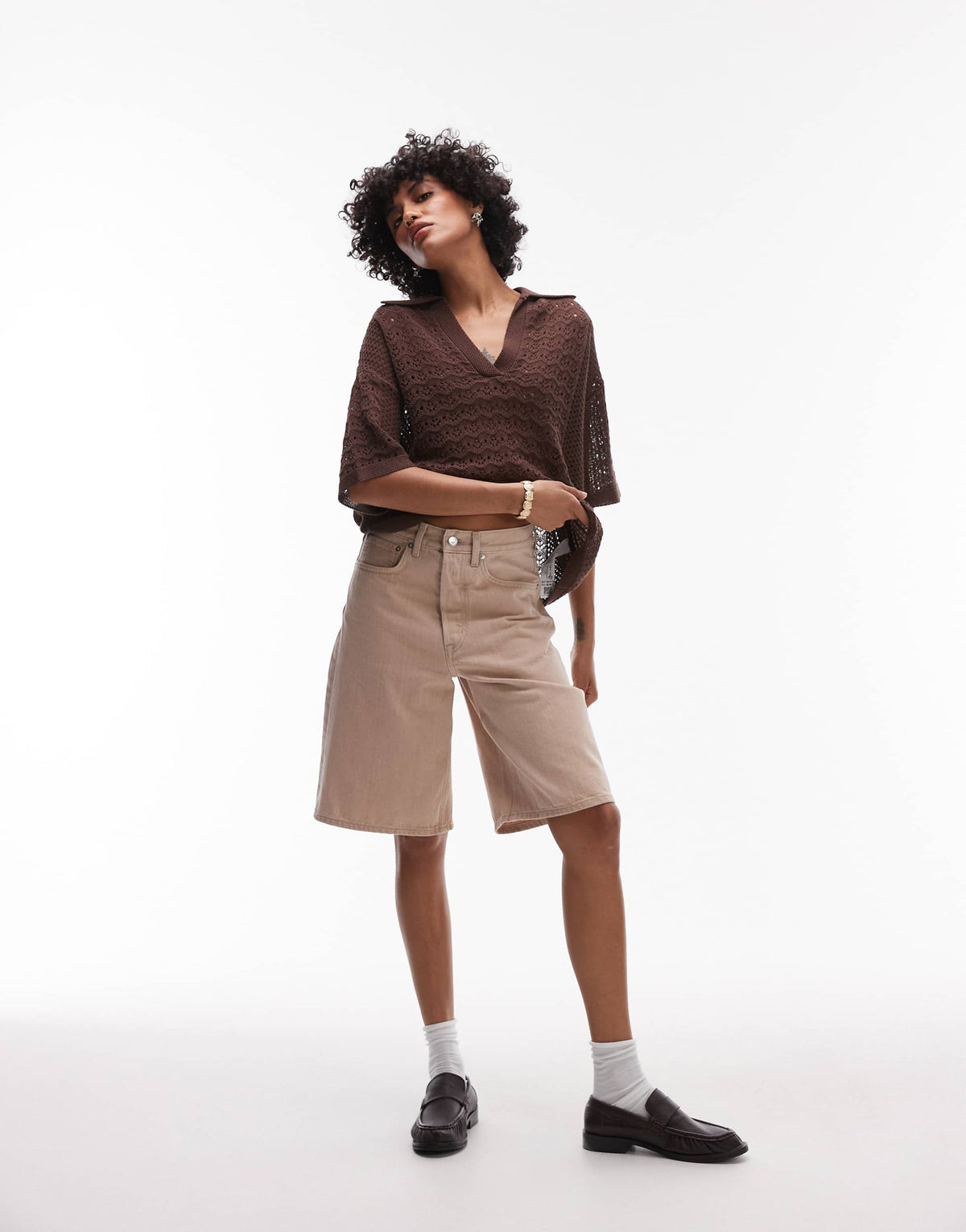 Topshop open stitch polo top in chocolate