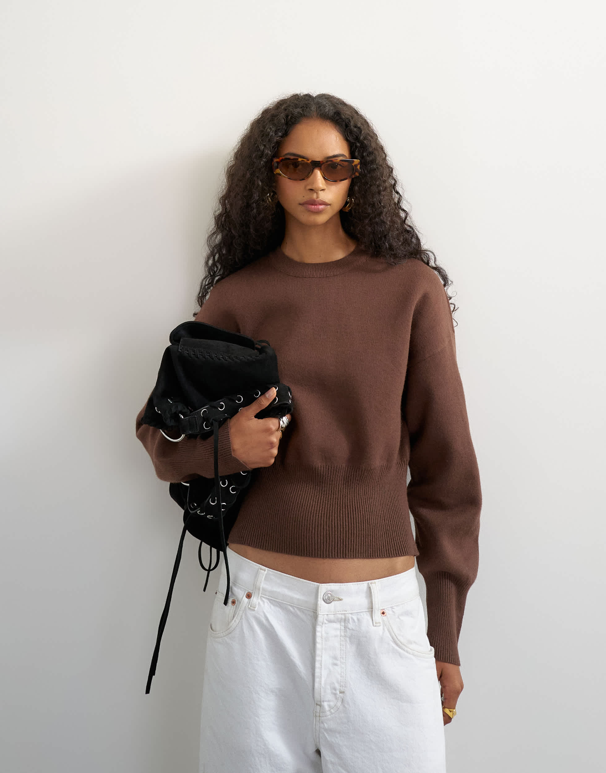 Topshop knitted clean cinch waist jumper in chocolate