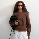 Topshop knitted clean cinch waist batwing sleeve jumper in chocolate