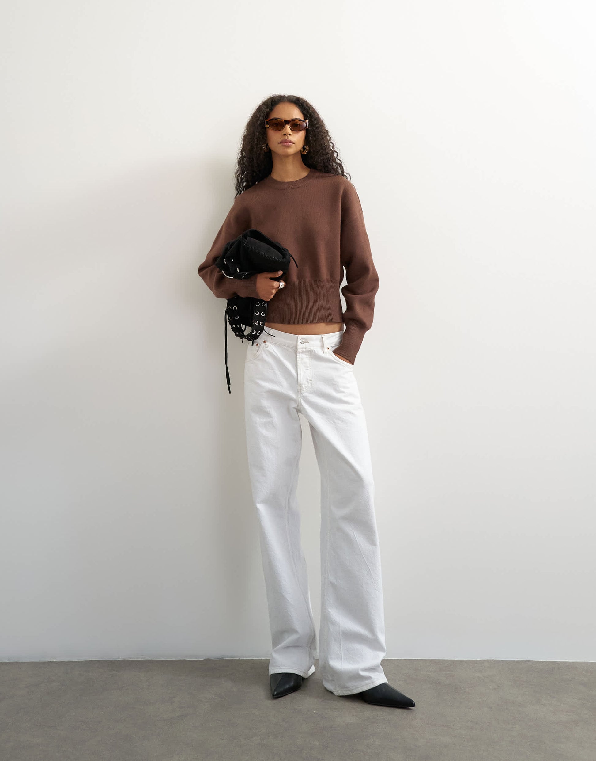 Topshop knitted clean cinch waist jumper in chocolate