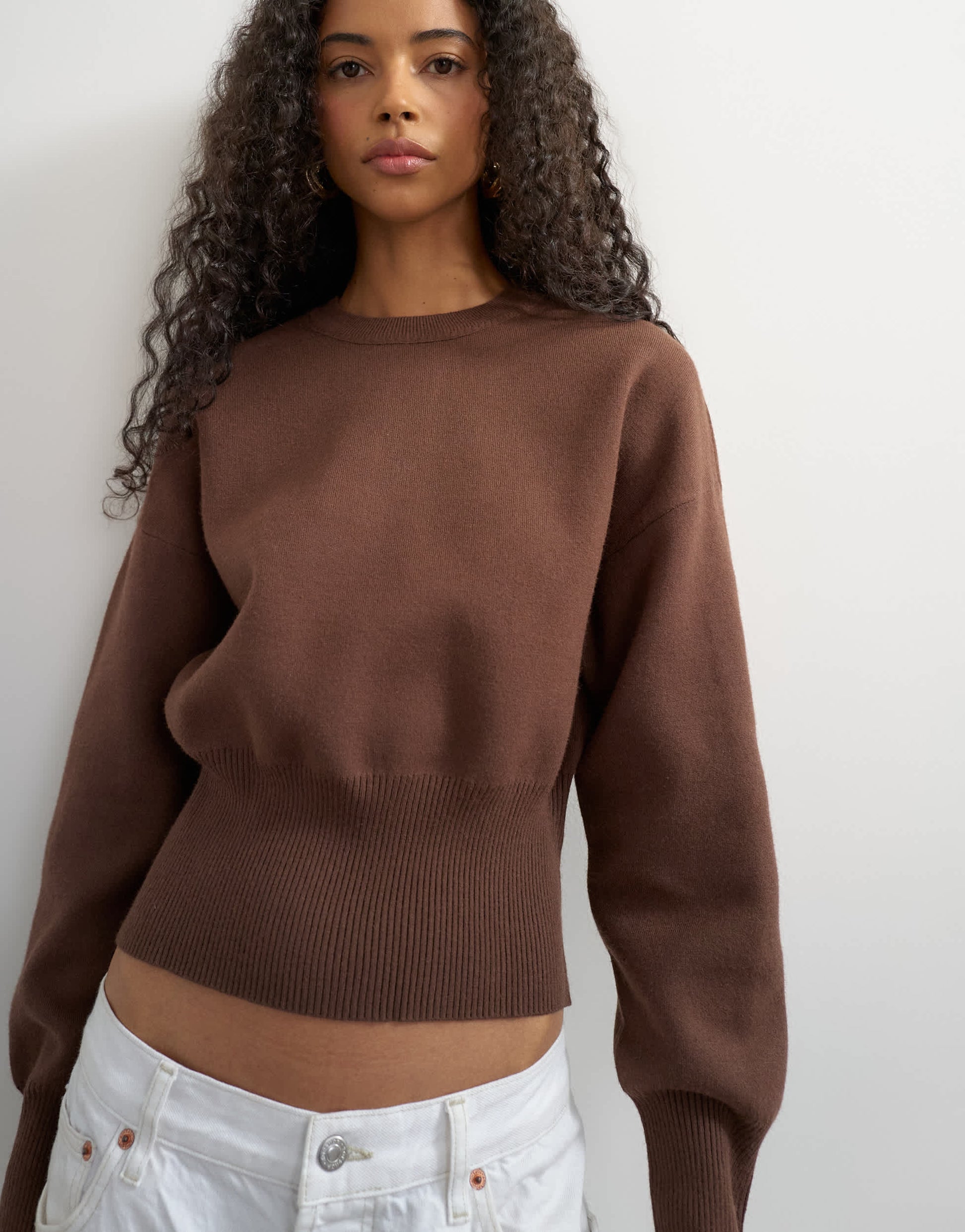 Topshop knitted clean cinch waist jumper in chocolate