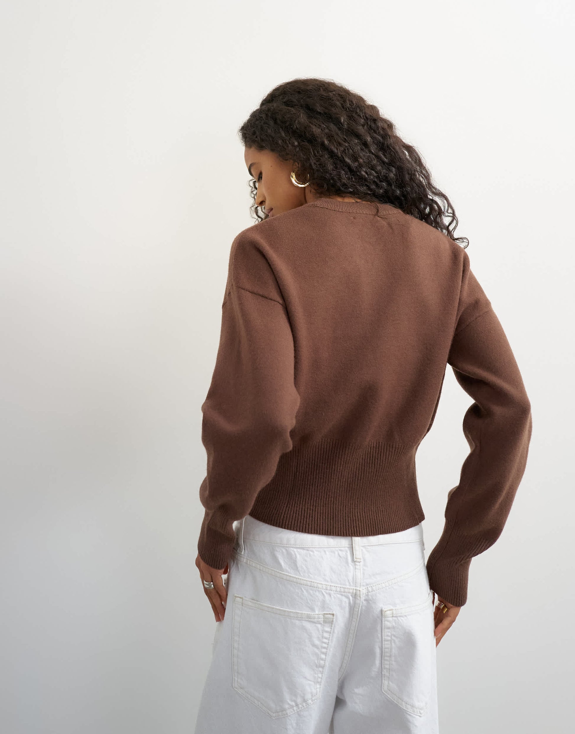 Topshop knitted clean cinch waist batwing sleeve jumper in chocolate