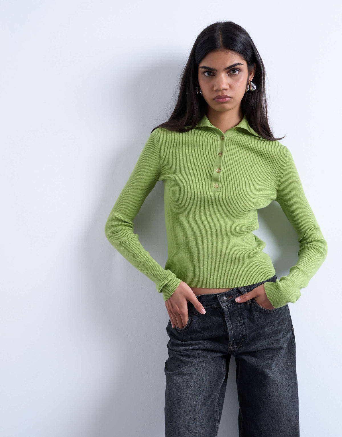 Topshop knitted rib collar polo in green