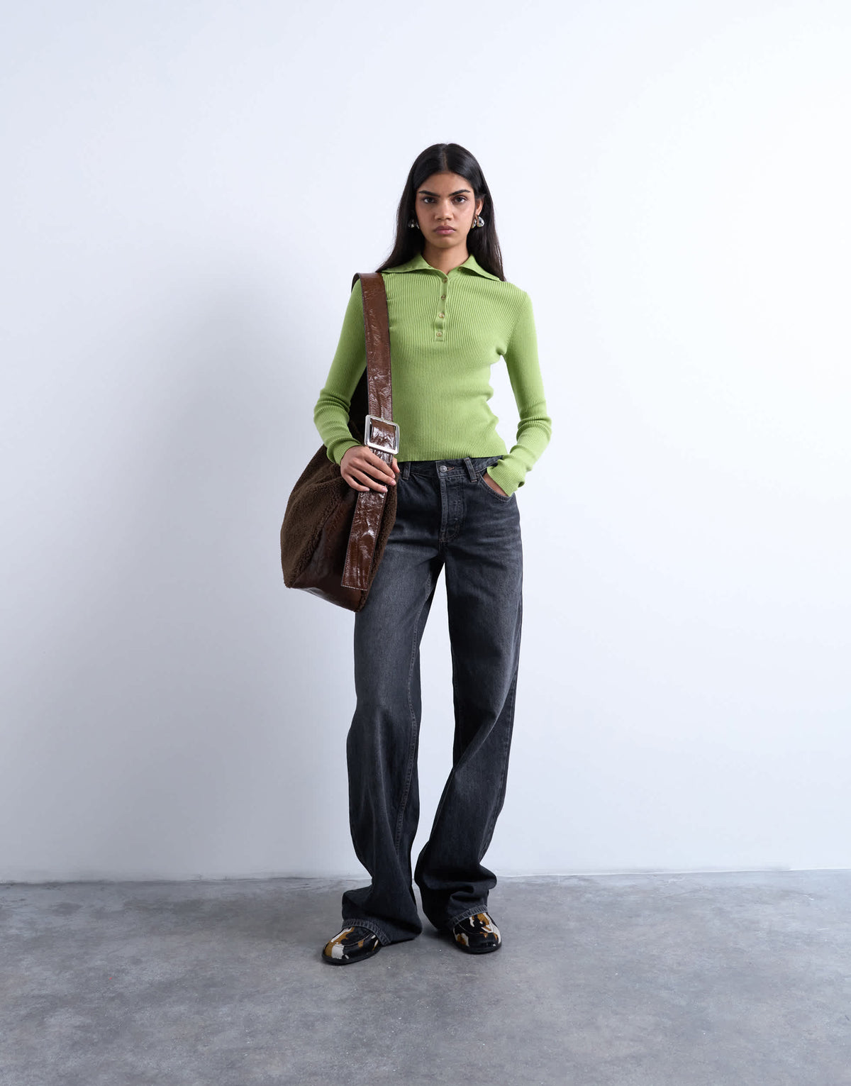 Topshop knitted rib collar polo in green