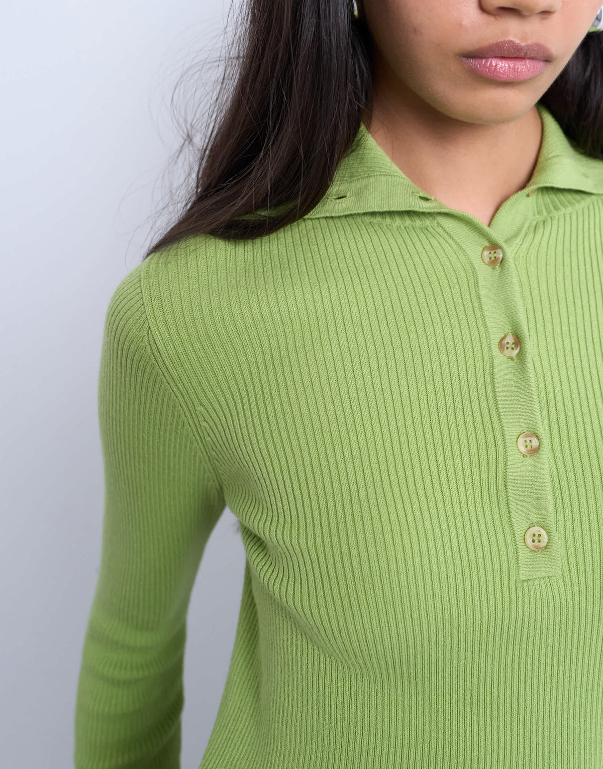 Topshop knitted rib collar polo in green