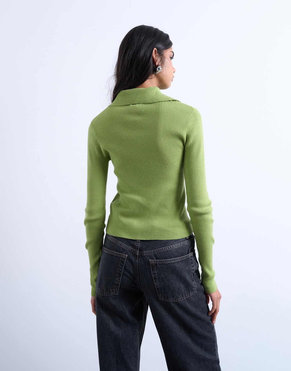 Topshop knitted rib collar polo in green