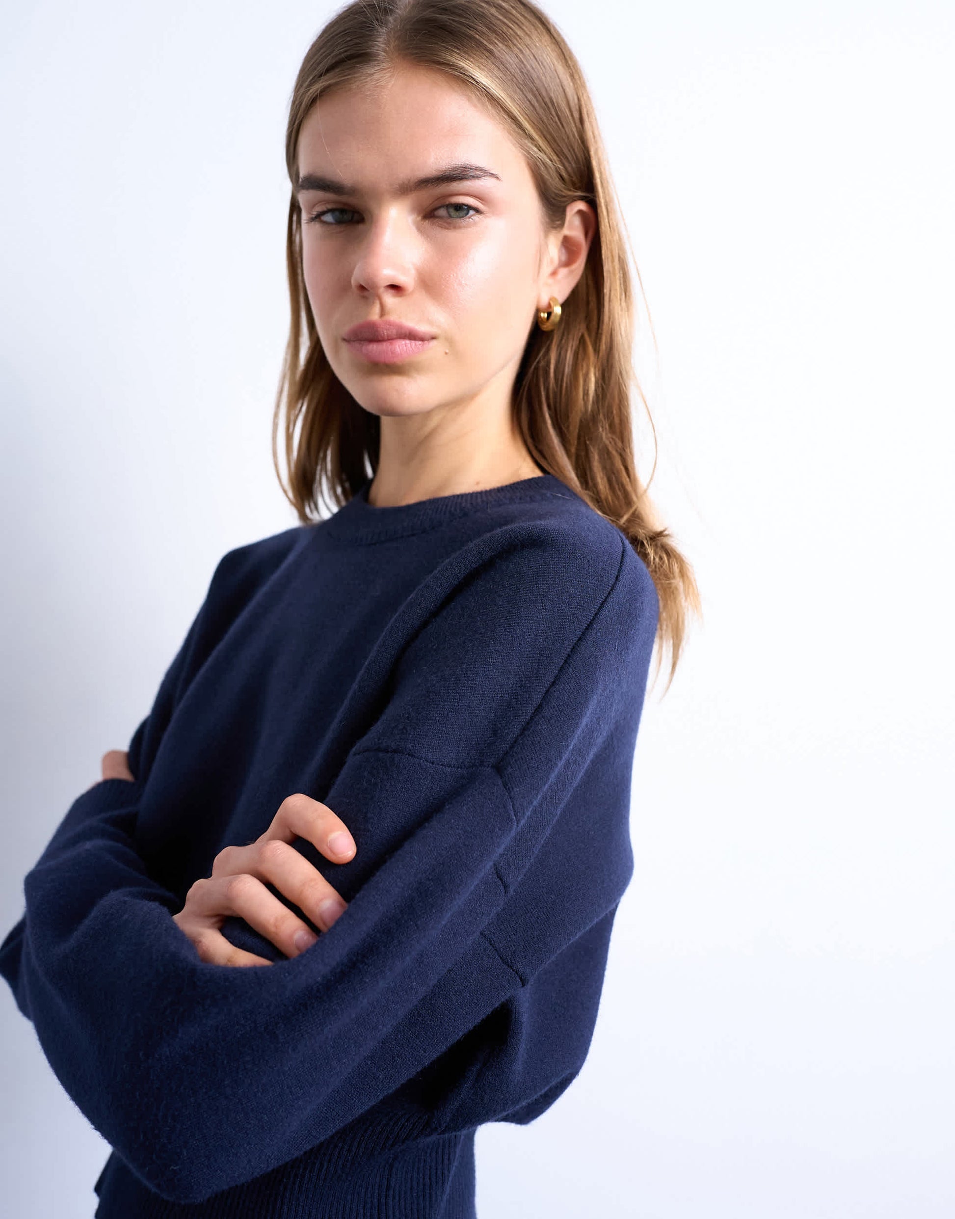 Topshop knitted clean cinch waist jumper in navy
