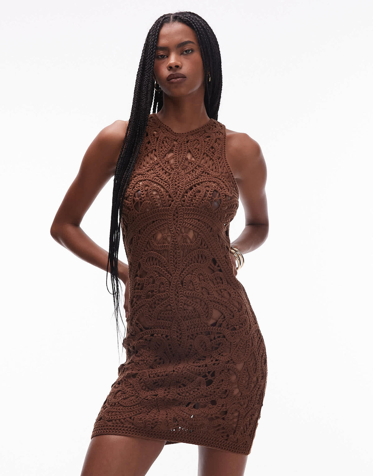 Topshop knitted premium crochet mini dress in chocolate