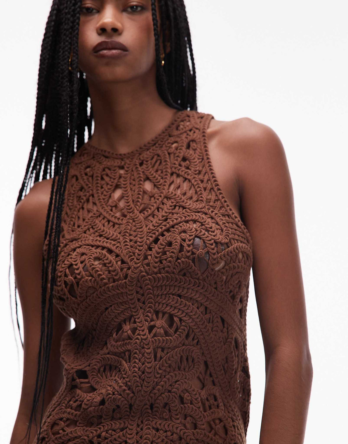 Topshop knitted premium crochet mini dress in chocolate